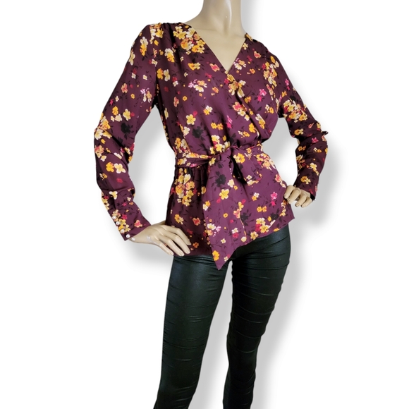 Gibson Plum/Purple & Yellow Floral Wrap Tie Waist Long Sleeve Top Size Small - Picture 8 of 8